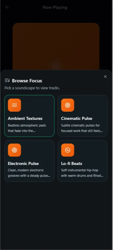 Vayvio Browse Focus screen listing soundscape styles.