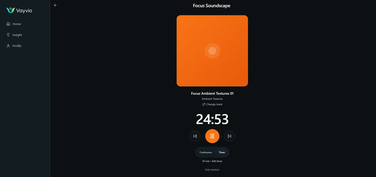 Vayvio Focus player with timer and playback controls.