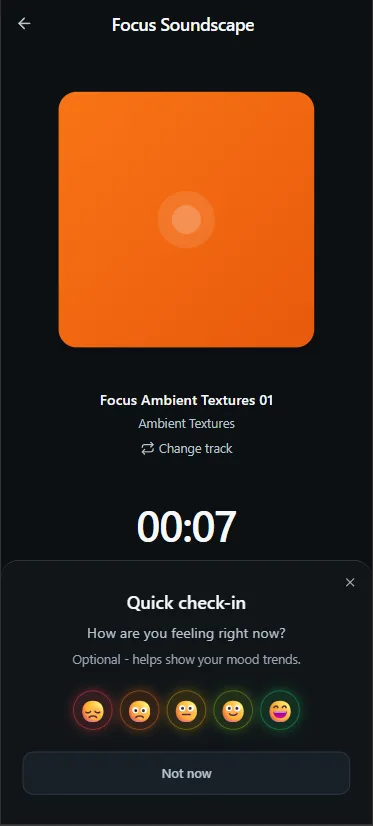 Vayvio mobile Focus player with timer and playback controls.
