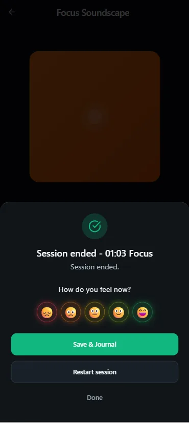Vayvio session-ended card for a Focus session with optional mood check and Save and Journal action.