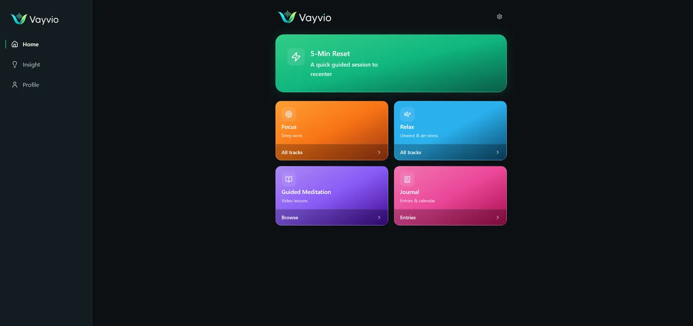 Vayvio home screen with the main session choices.