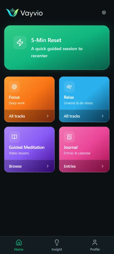 Vayvio mobile home screen with the main session choices.