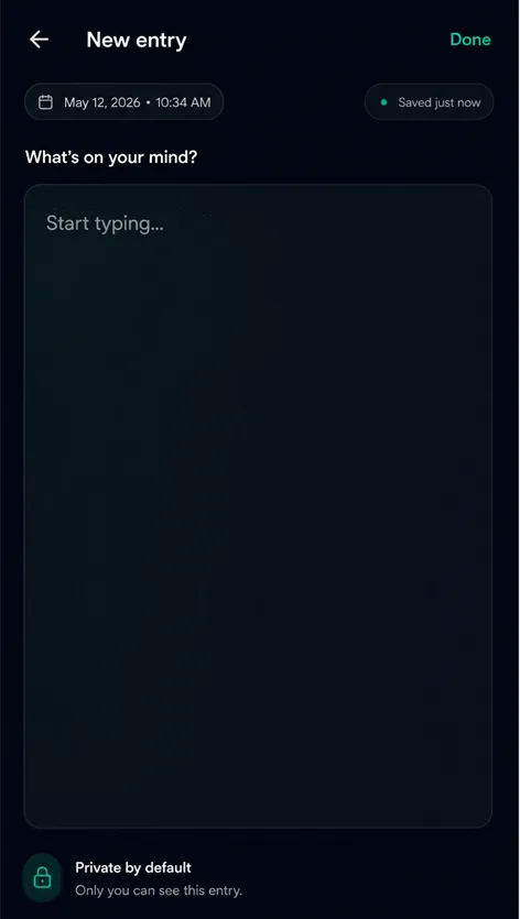 Vayvio blank journal entry editor with a private-by-default notice.