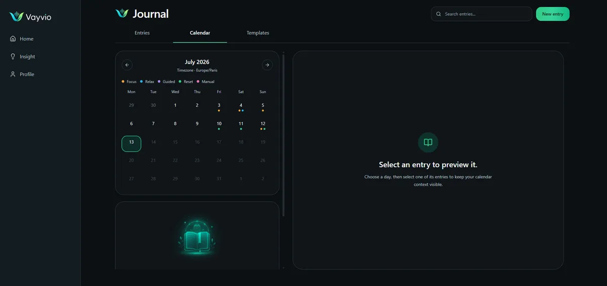 Vayvio desktop Journal Calendar workspace with a selected date and private-entry preview area.