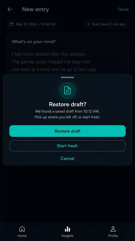 Vayvio Restore draft dialog with Restore draft and Start fresh choices.