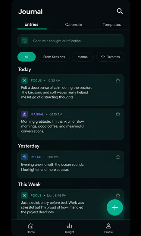 Vayvio Journal Entries view with session and manual notes, filters, search, and favorite controls.