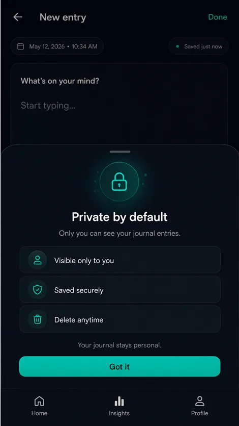Vayvio private-by-default journal notice with visibility, saved-state, and delete-anytime controls.