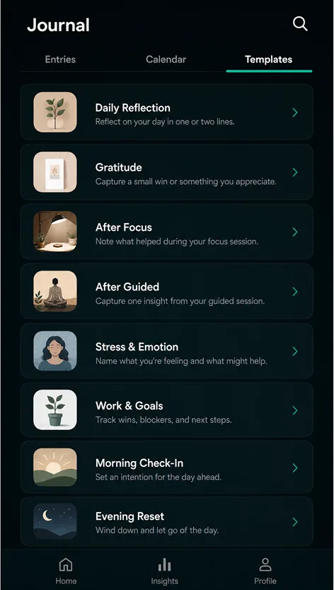 Vayvio Journal Templates view with practical prompts for daily reflection, gratitude, sessions, stress, work, and routines.