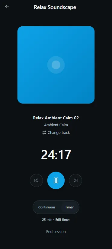 Vayvio mobile Relax player with timer and playback controls.