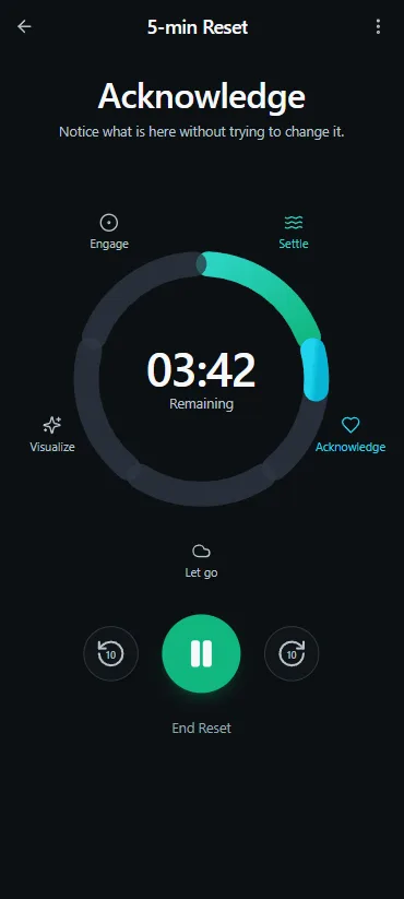 Vayvio Reset in the Acknowledge phase, showing the five-part sequence ring and controls.