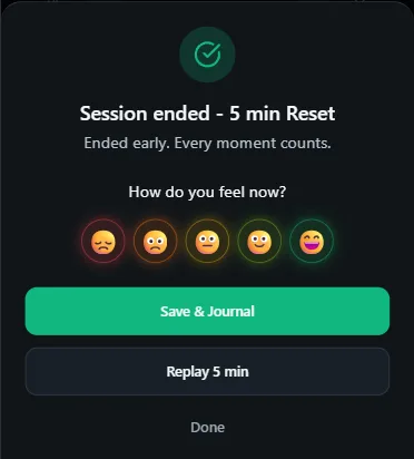 Vayvio session-ended card for the 5-Min Reset with optional post-session mood check and save action.