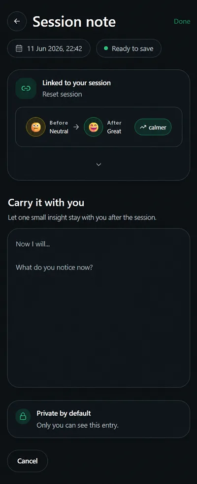 Vayvio private session note linked to a Reset session and its optional before-and-after check-in.