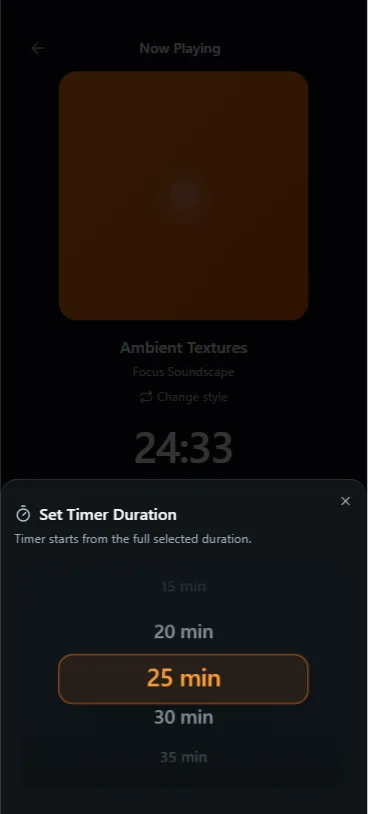 Vayvio timer duration screen with 25 minutes selected.