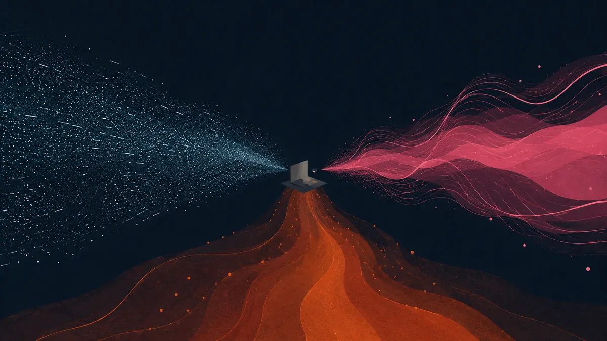 A laptop at the meeting point of pale static, pink waves, and warm brown sound currents.