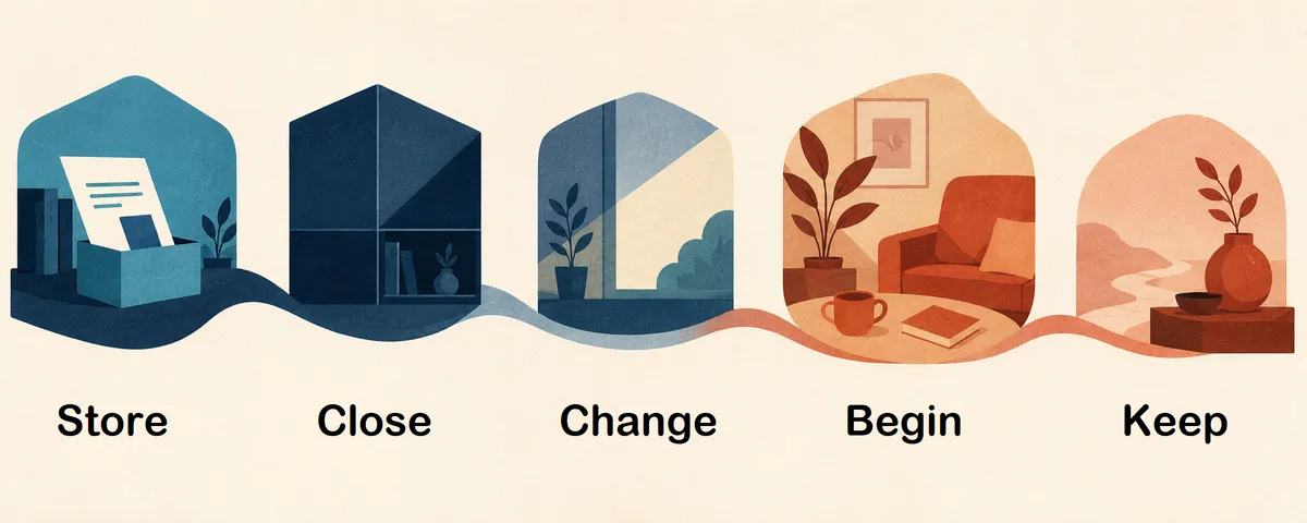 Five connected scenes labelled Store, Close, Change, Begin, and Keep.