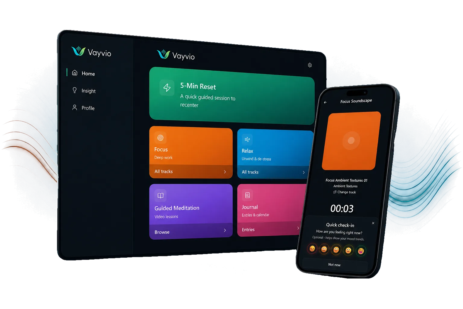 Vayvio homepage shown beside a Focus player and Quick check-in mobile screen in one composite hero image.