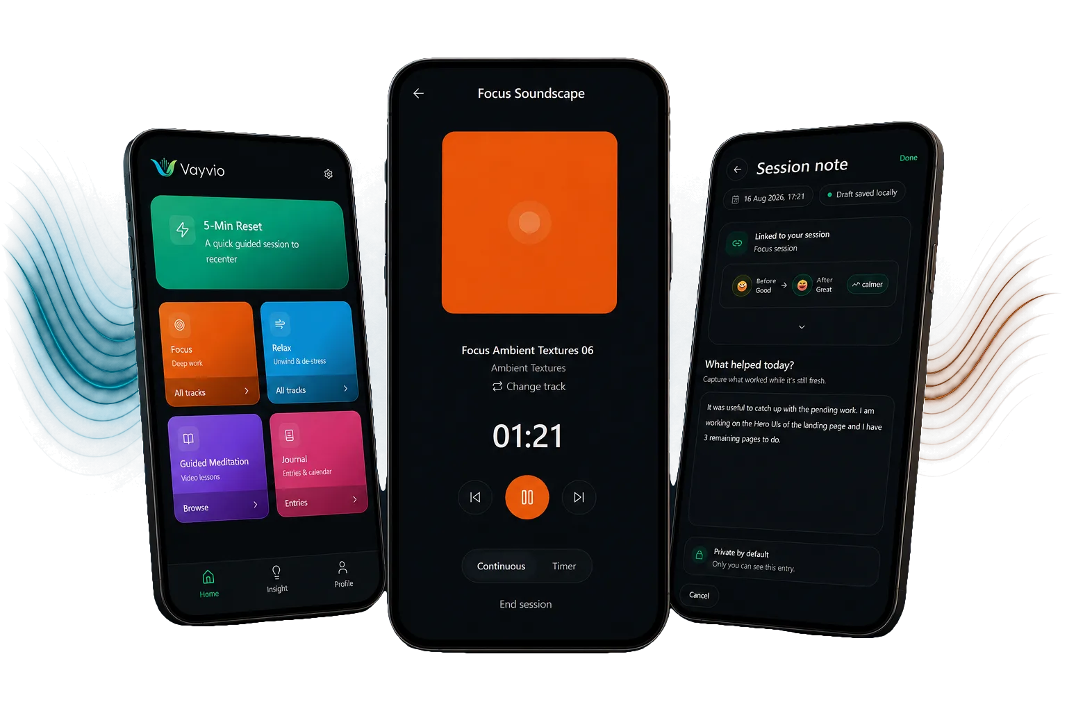Vayvio mobile home, Focus player, and session note screens shown together in one How it works hero image.