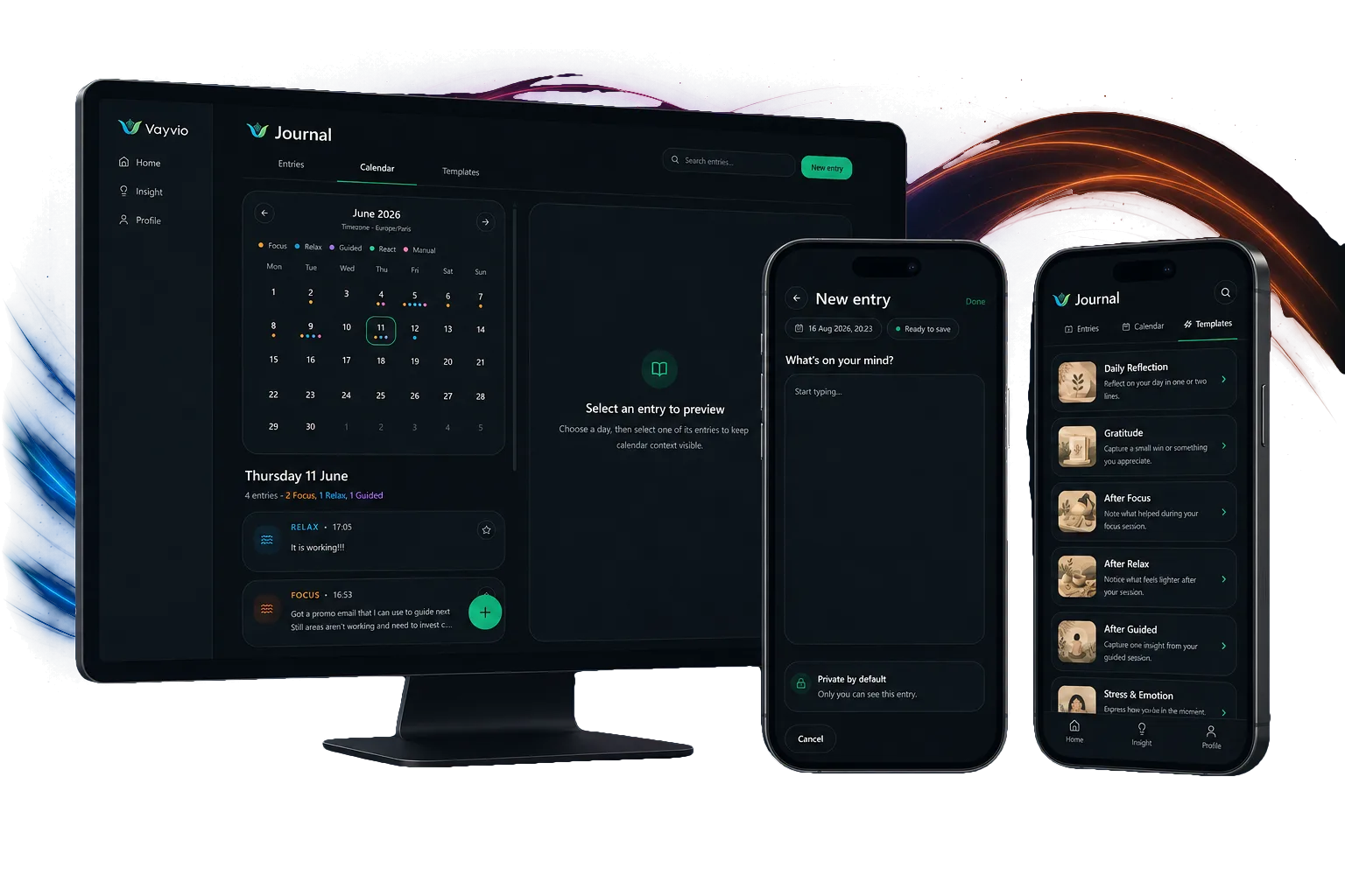 Vayvio Journal calendar workspace shown with new entry and templates mobile screens in one hero image.