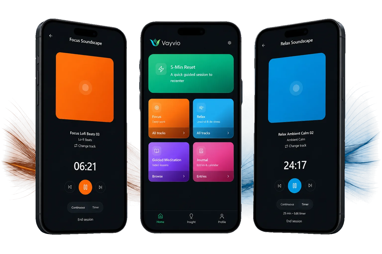 Vayvio Focus player, home screen, and Relax player shown together in one Soundscapes hero image.