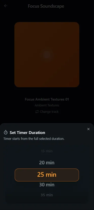 Vayvio timer duration screen with 25 minutes selected.