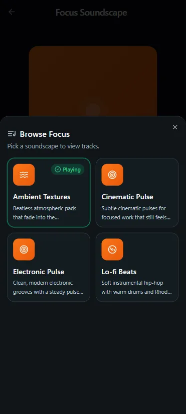 Vayvio Browse Focus screen for changing soundscape tracks.