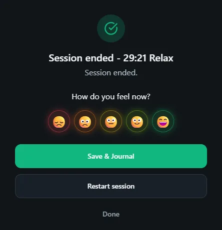 Vayvio Relax session-ended screen with an optional mood check-in and Save and Journal action.